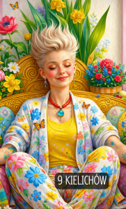 Karta tarota 9 kielichów, 9 pucharów, tarot, wróżba, prognoza tarotowa, tarot tak nie, tarot doradca, dziewięc kielichów, talia kart tarota